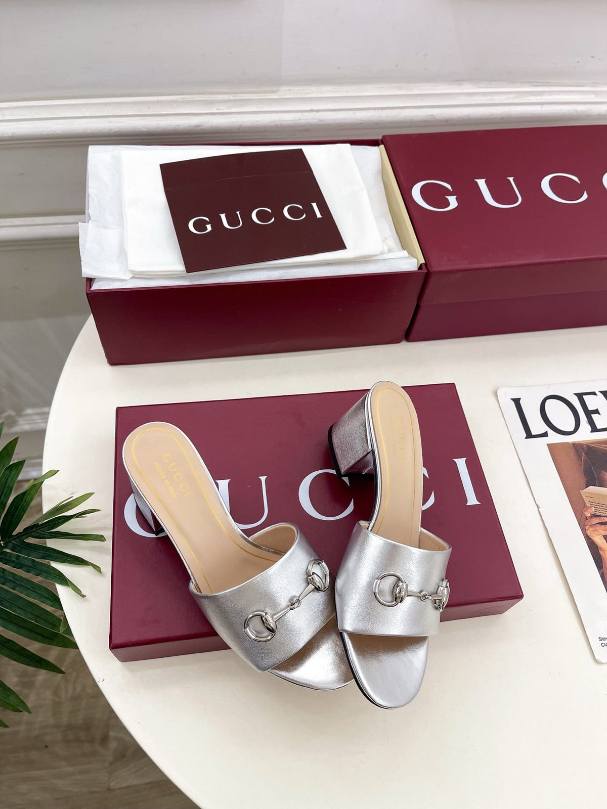 GG 26s Slide Sandal 5.5cm With Horsebit Sliver Leather 640296
