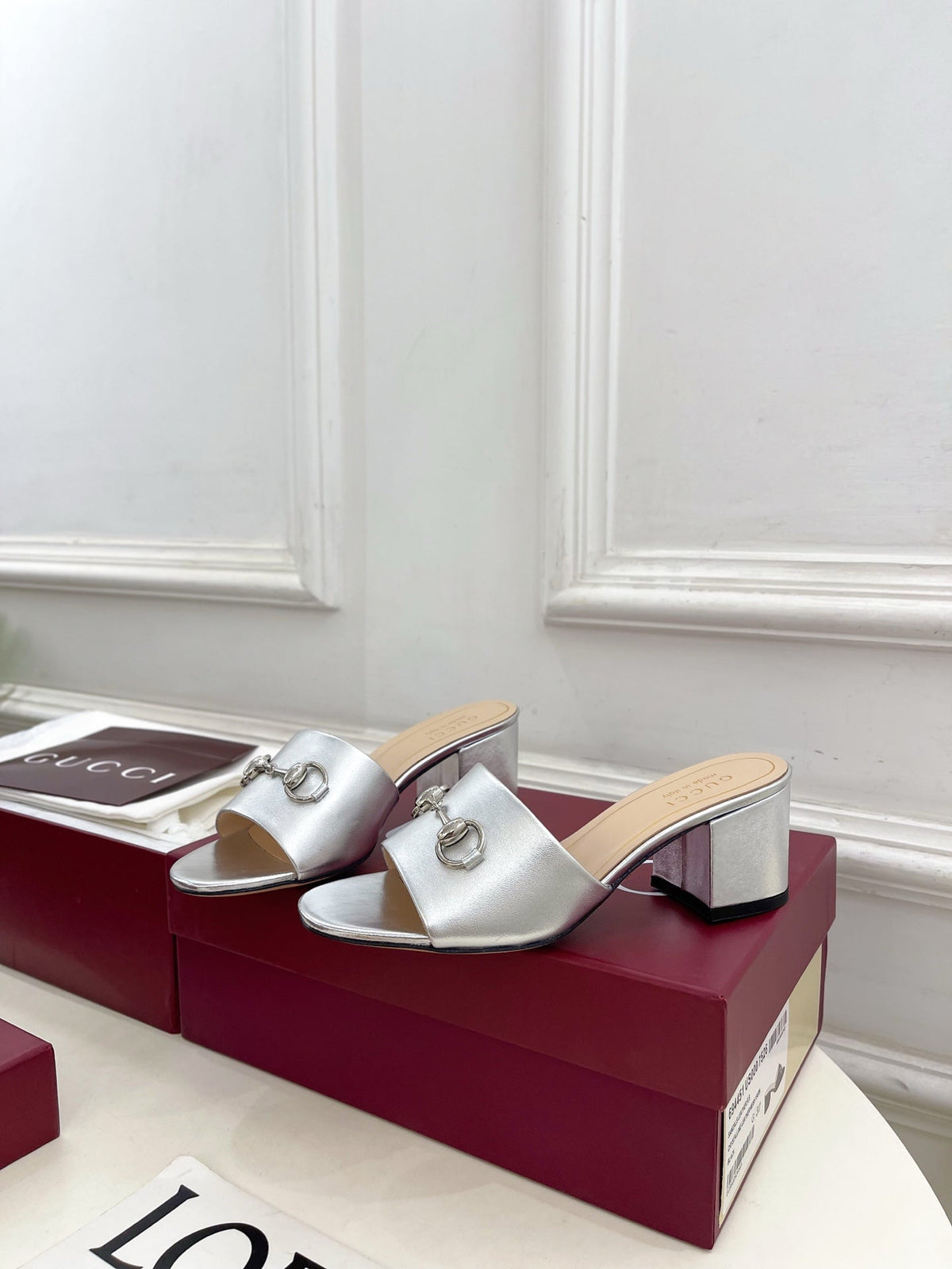 GG 26s Slide Sandal 5.5cm With Horsebit Sliver Leather 640296