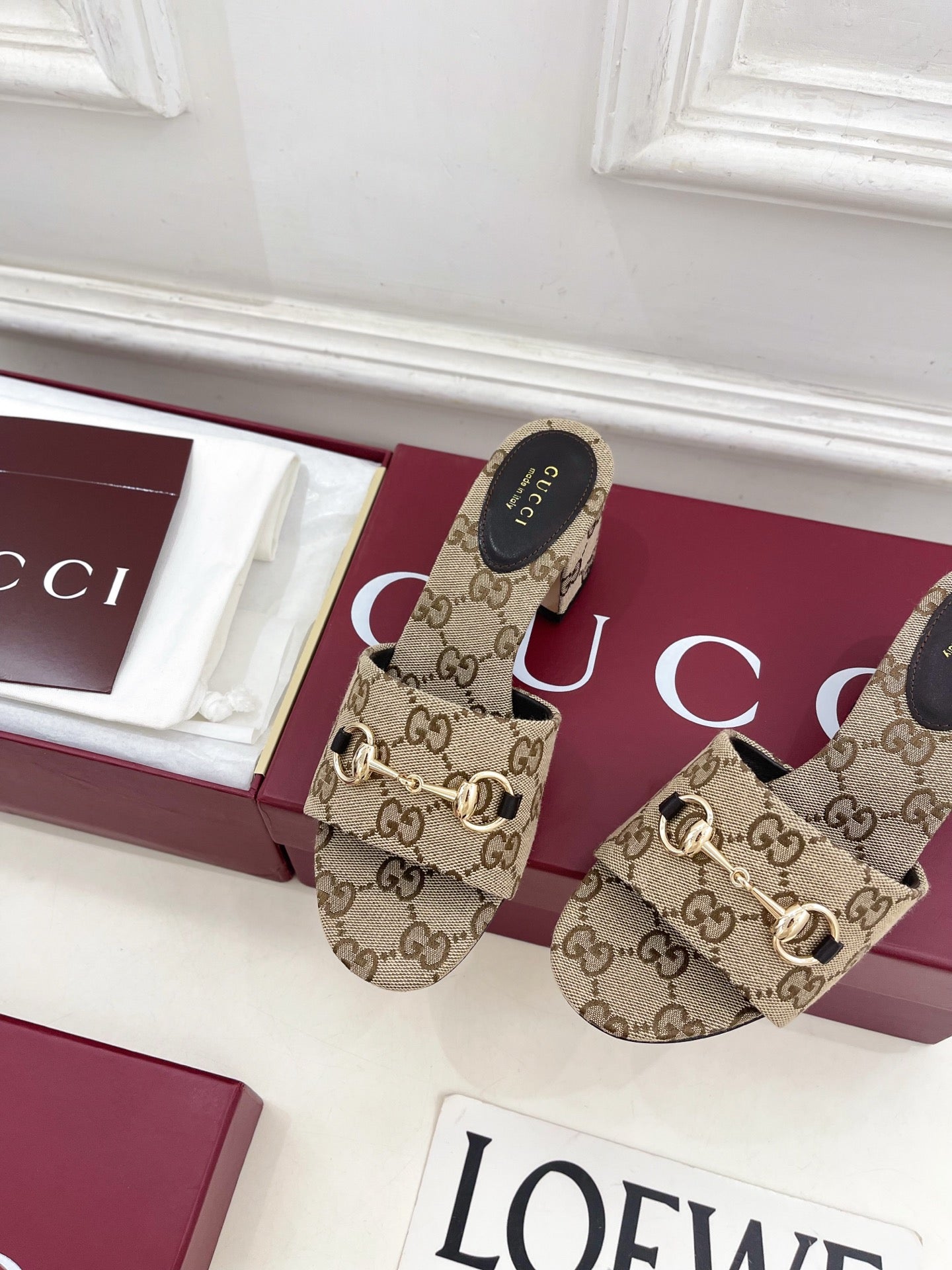 GG 26s Slide Sandal 5.5cm With Horsebit Brown Beige Canvas 640299