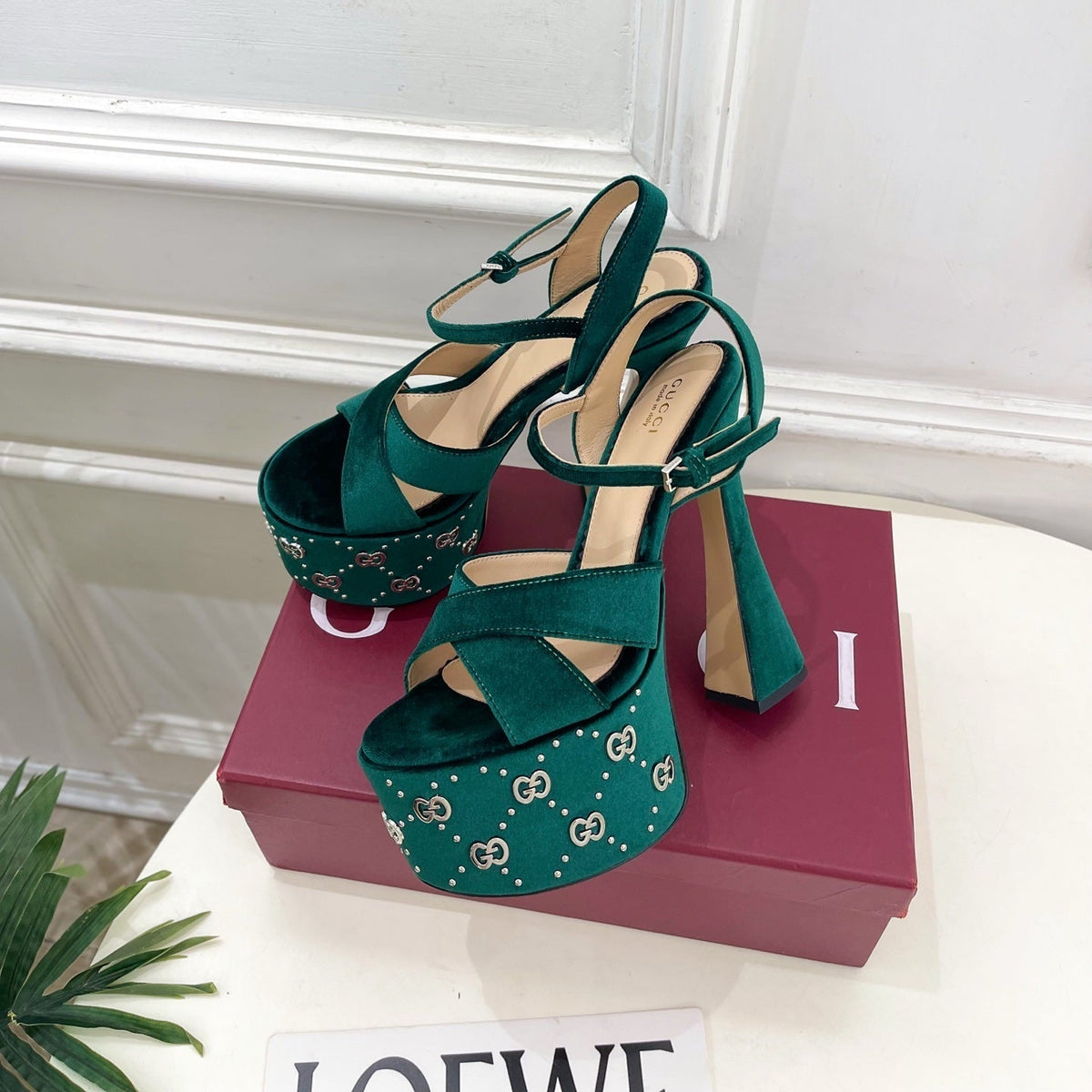 GG Janaya Platform Sandals 15.5cm Teal Green Suede 891840