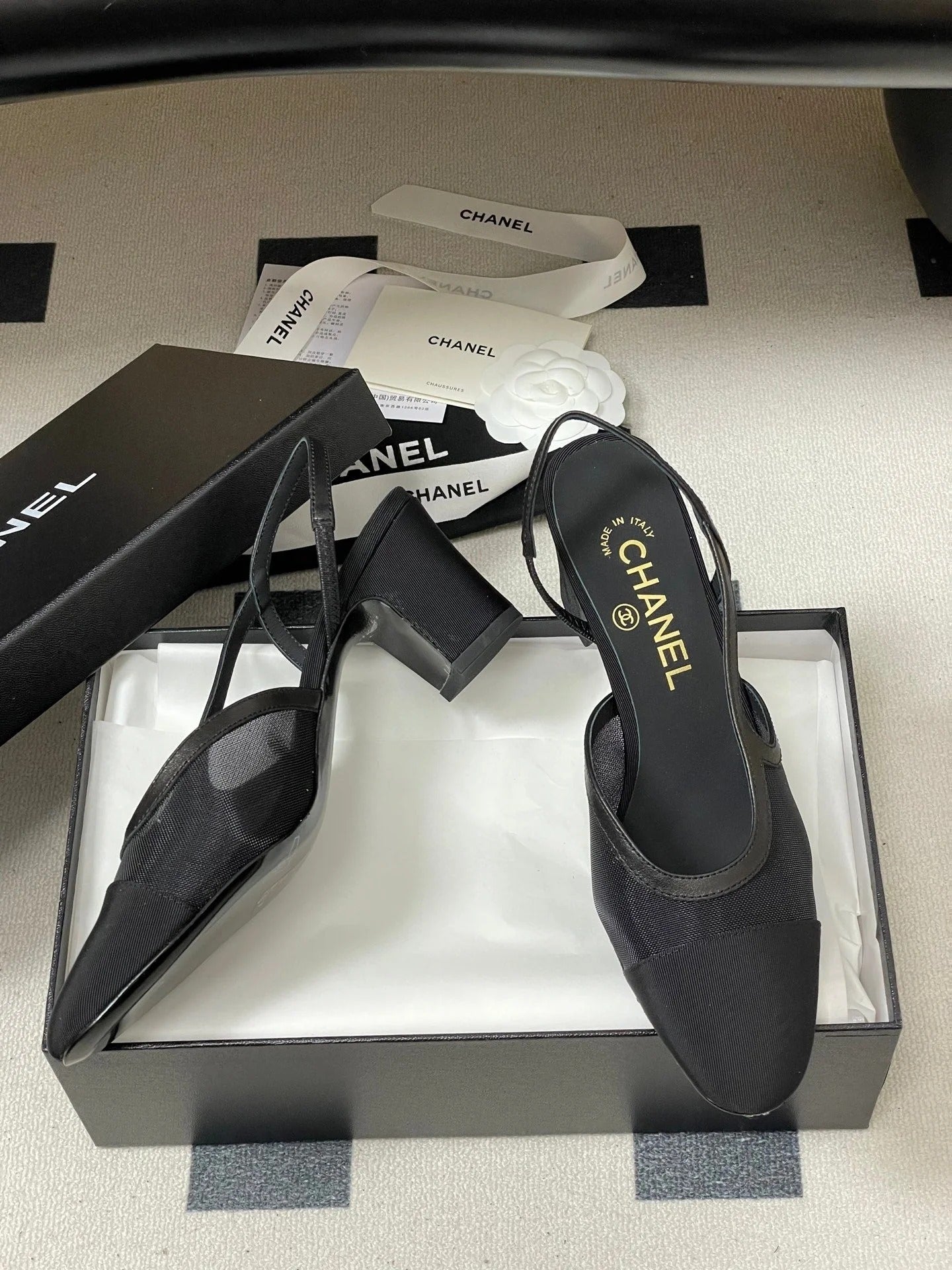 CC 26s Slingback 65 Black Mesh Fabric Sheepskin 649446