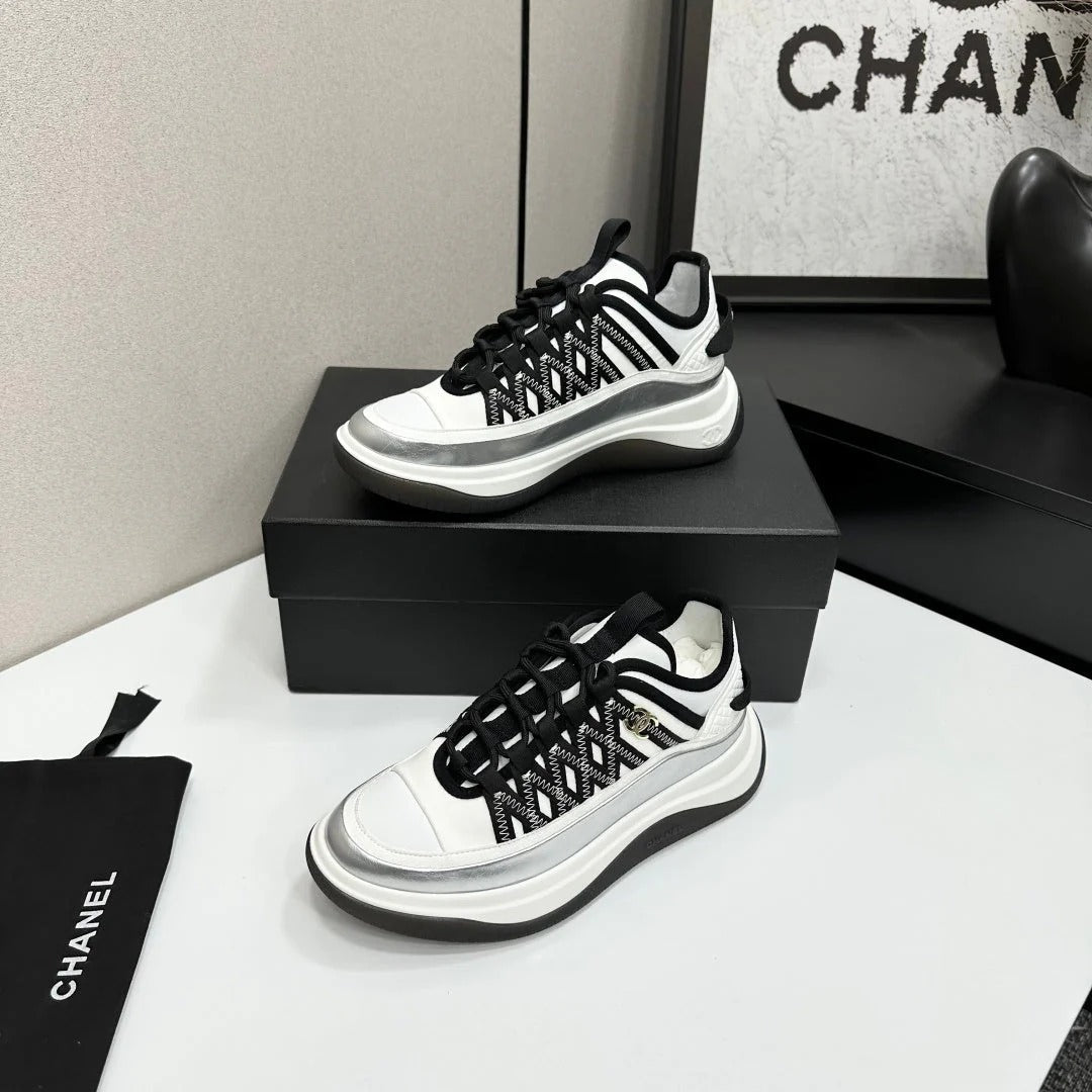 CC 26s Casual Sneakers White Black Sliver Fabric Cowhide 626375