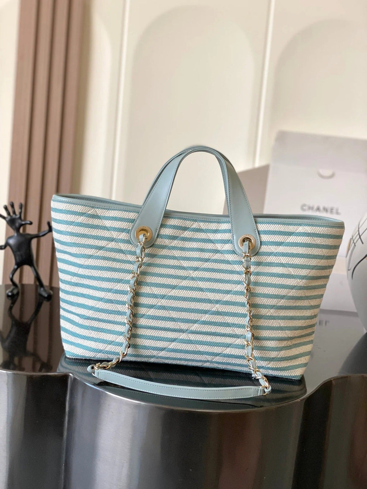 Chanel 2026 Deauville Tote Bag 46cm Light Blue mix White Canvas Leather 331129