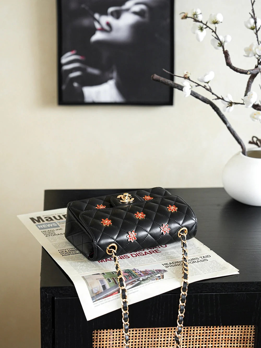 CC 2026 Red Flower Flap Bag 25.5cm Black Lambskin