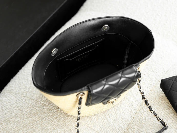 Chanel 2026 Shopping Bag 40cm Beige Black Straw Lambskin 351031