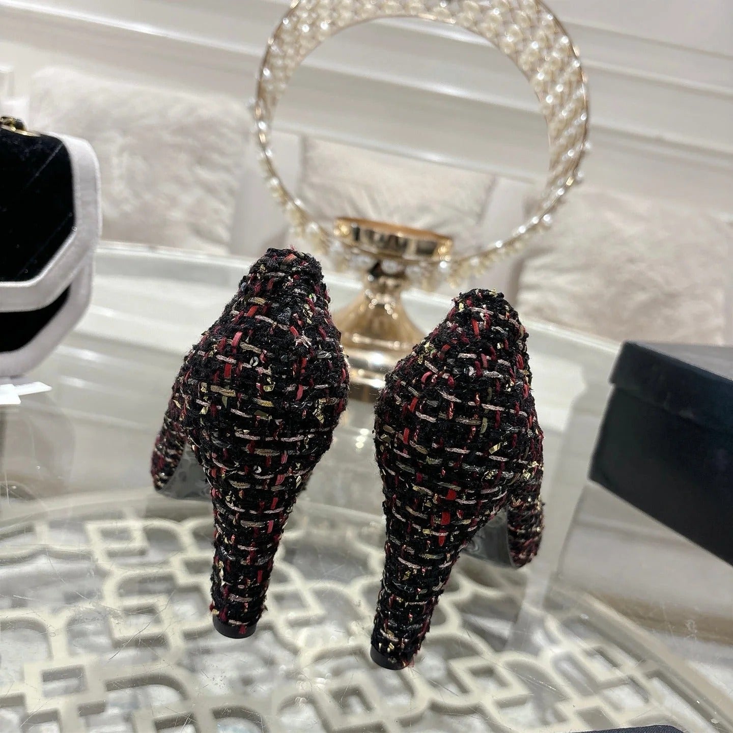 CC 26s High Heels Pump 85 Black Colorful Wool Fabric 627014
