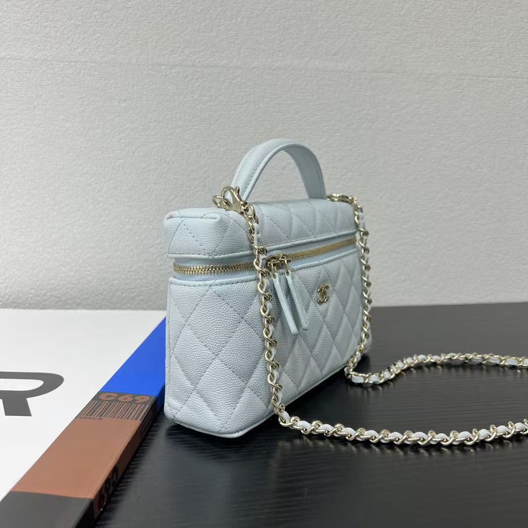 Chanel Top Handle Vanity With Chain Light Blue Caviar Leather