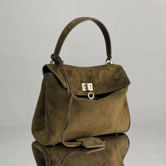 Balenciaga Mini Bag 22 Olive Green Suede Sliver Hardware