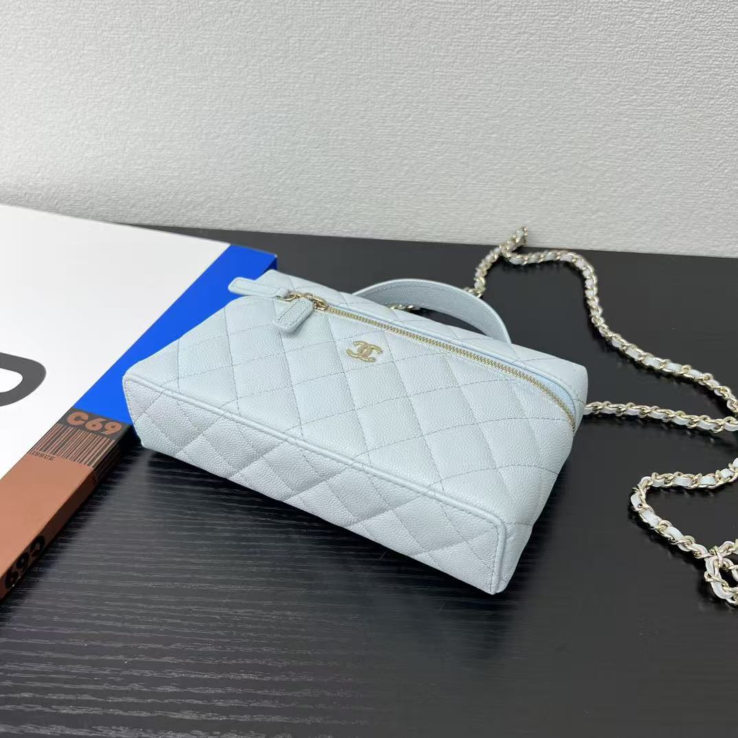 Chanel Top Handle Vanity With Chain Light Blue Caviar Leather
