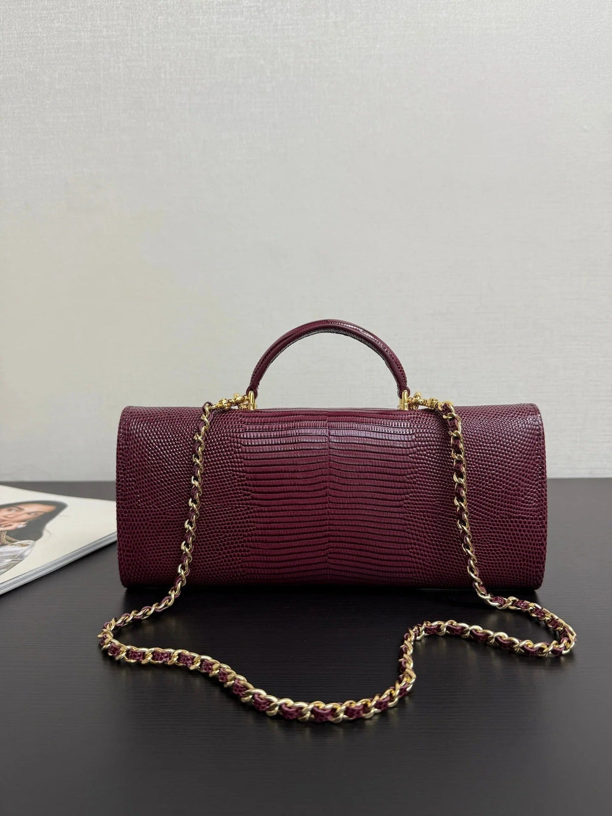 CC 2026 Clutch With Chain 25cm Burgundy Lizard-embossed Calfskin