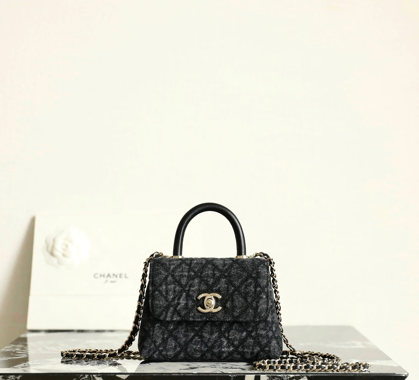 Chanel 2026 Coco Top Handle Bag 14.5cm Black Denim Leather 352687