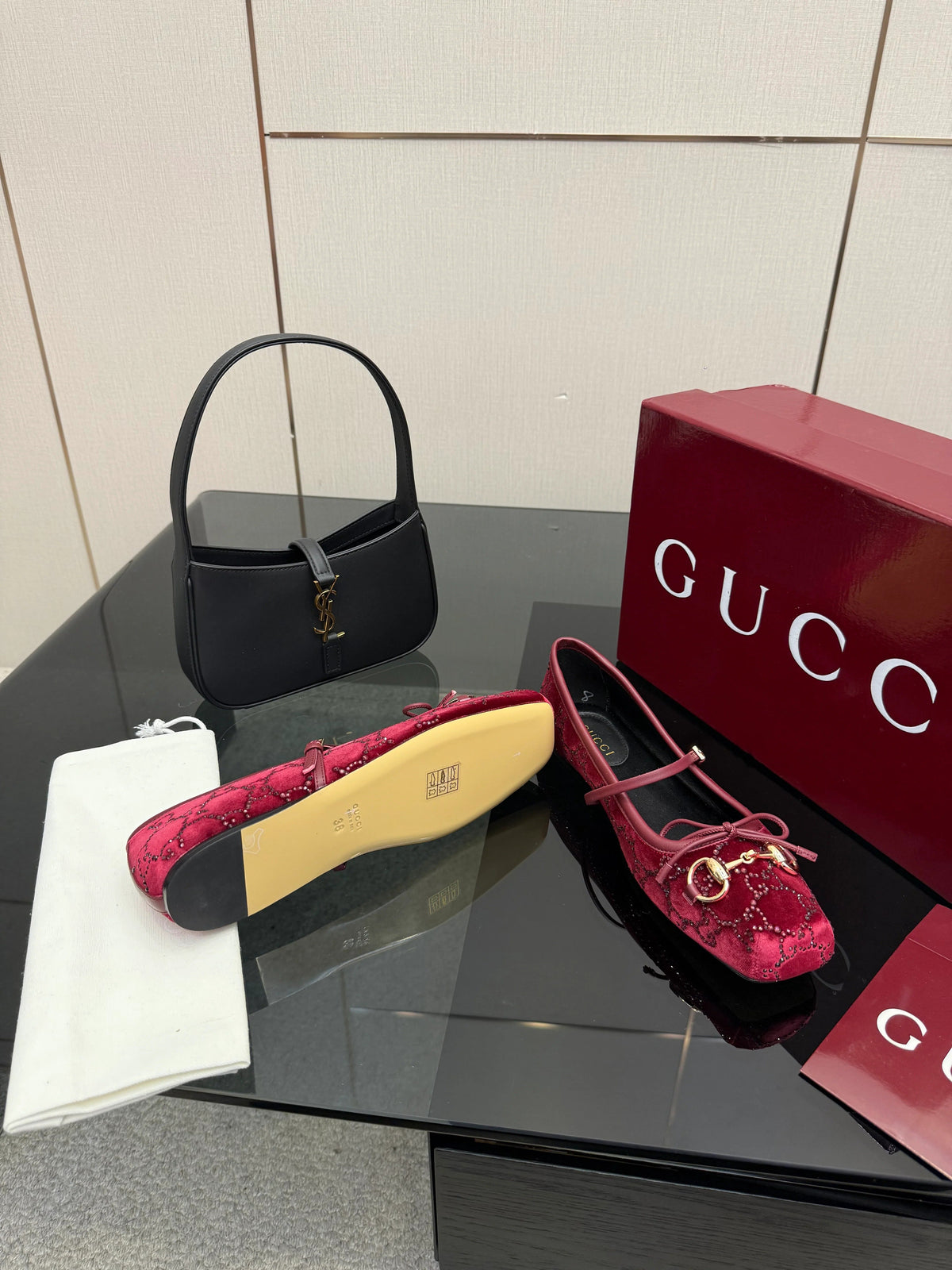 Gucci 2026 Crystal Rhinestone Ballet Flat Red Velvet Leather 629716