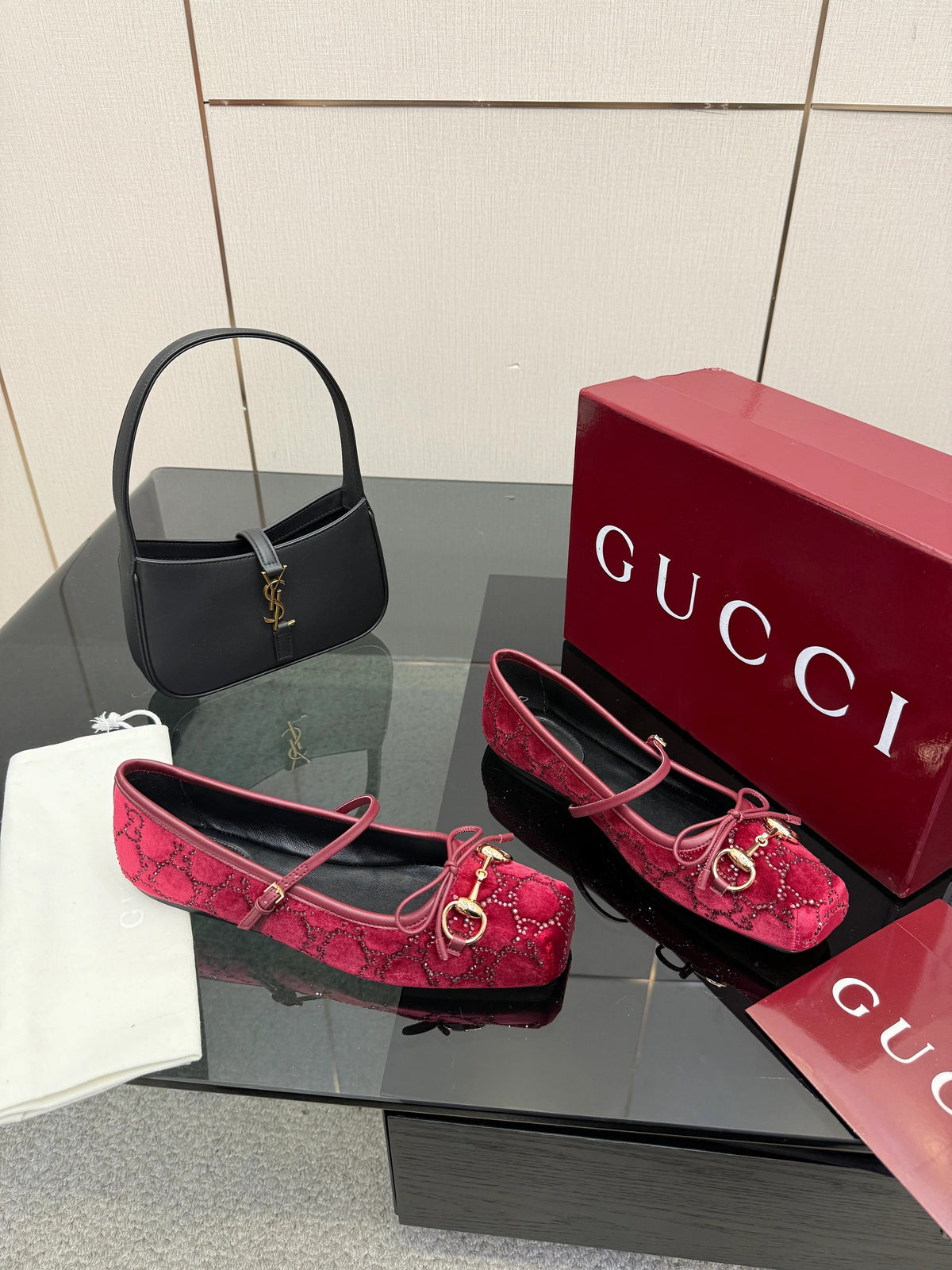 Gucci 2026 Crystal Rhinestone Ballet Flat Red Velvet Leather 629716