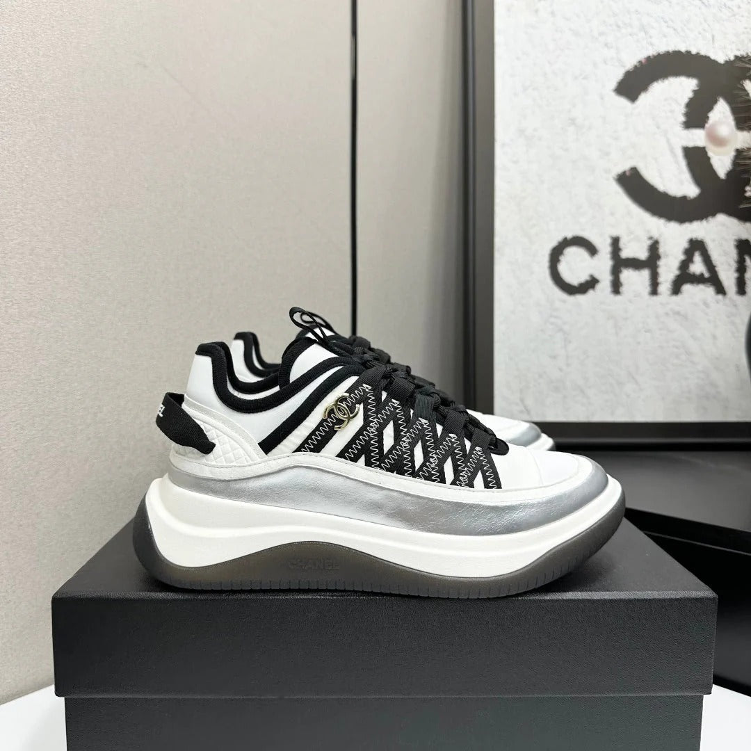 CC 26s Casual Sneakers White Black Sliver Fabric Cowhide 626375