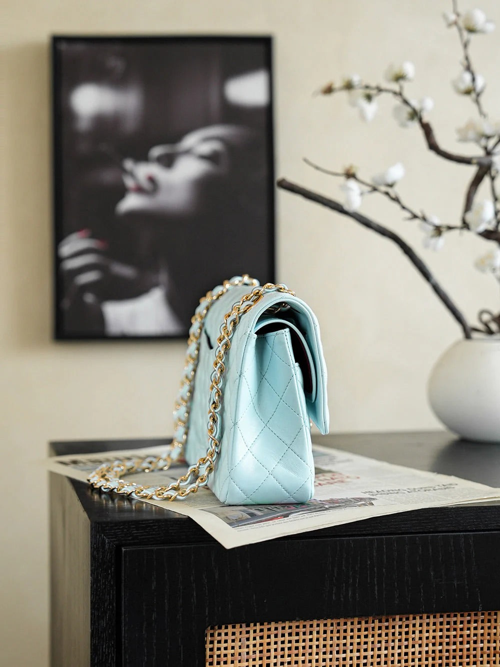 CC 2026 Red Flower Flap Bag 25.5cm Blue Lambskin 367103