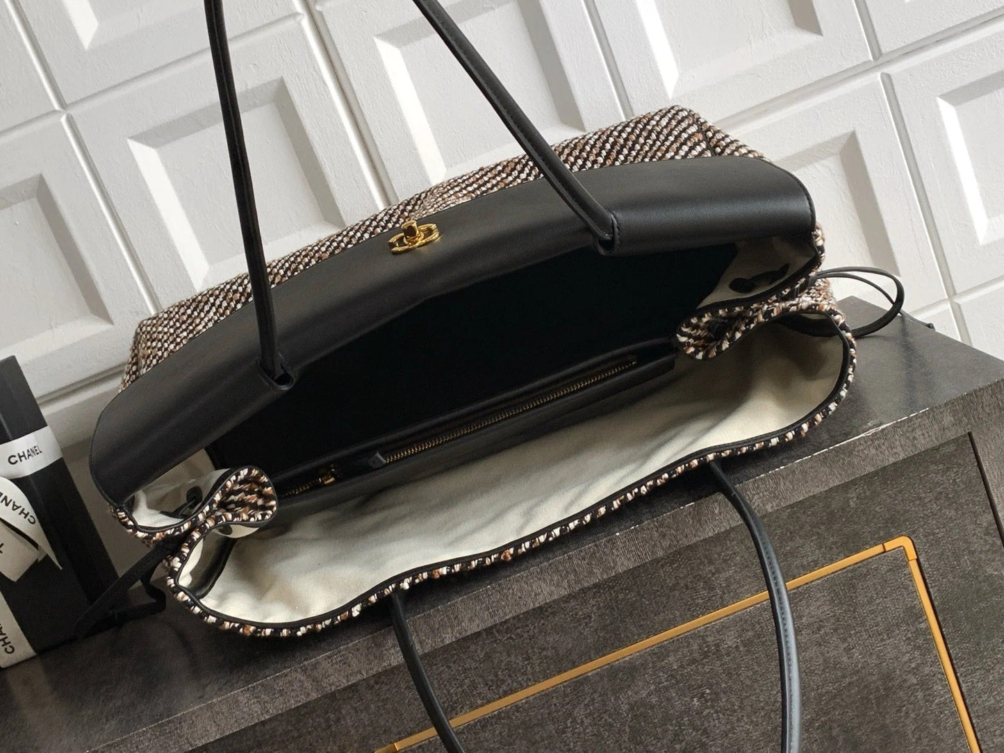 Chanel 2026 Large Shopping Bag 43cm Black Tweed Calfskin 363309