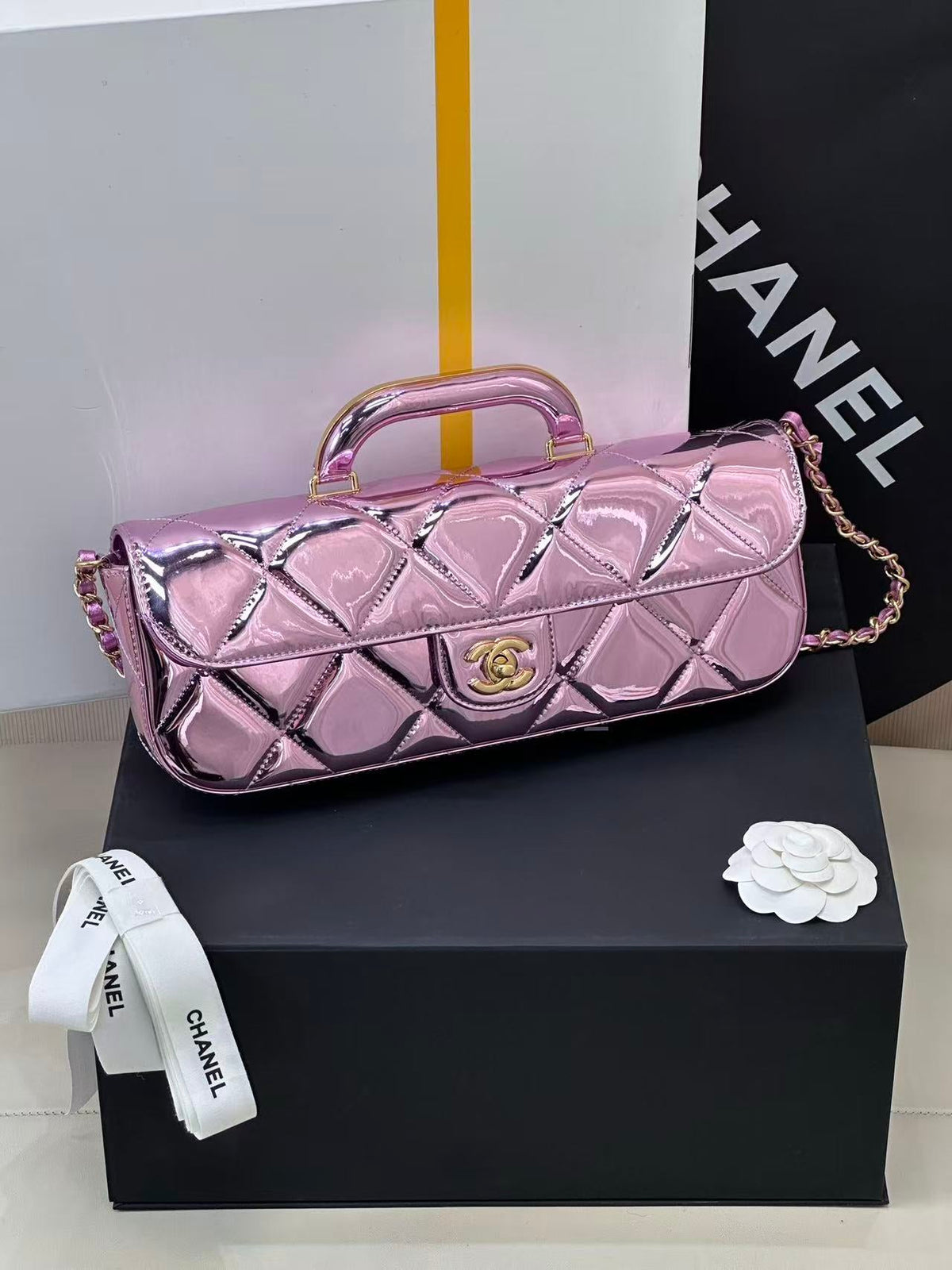 Chanel Flap Bag With Top Handle Metallic Mirror Calfskin And Gold-Tone Metal