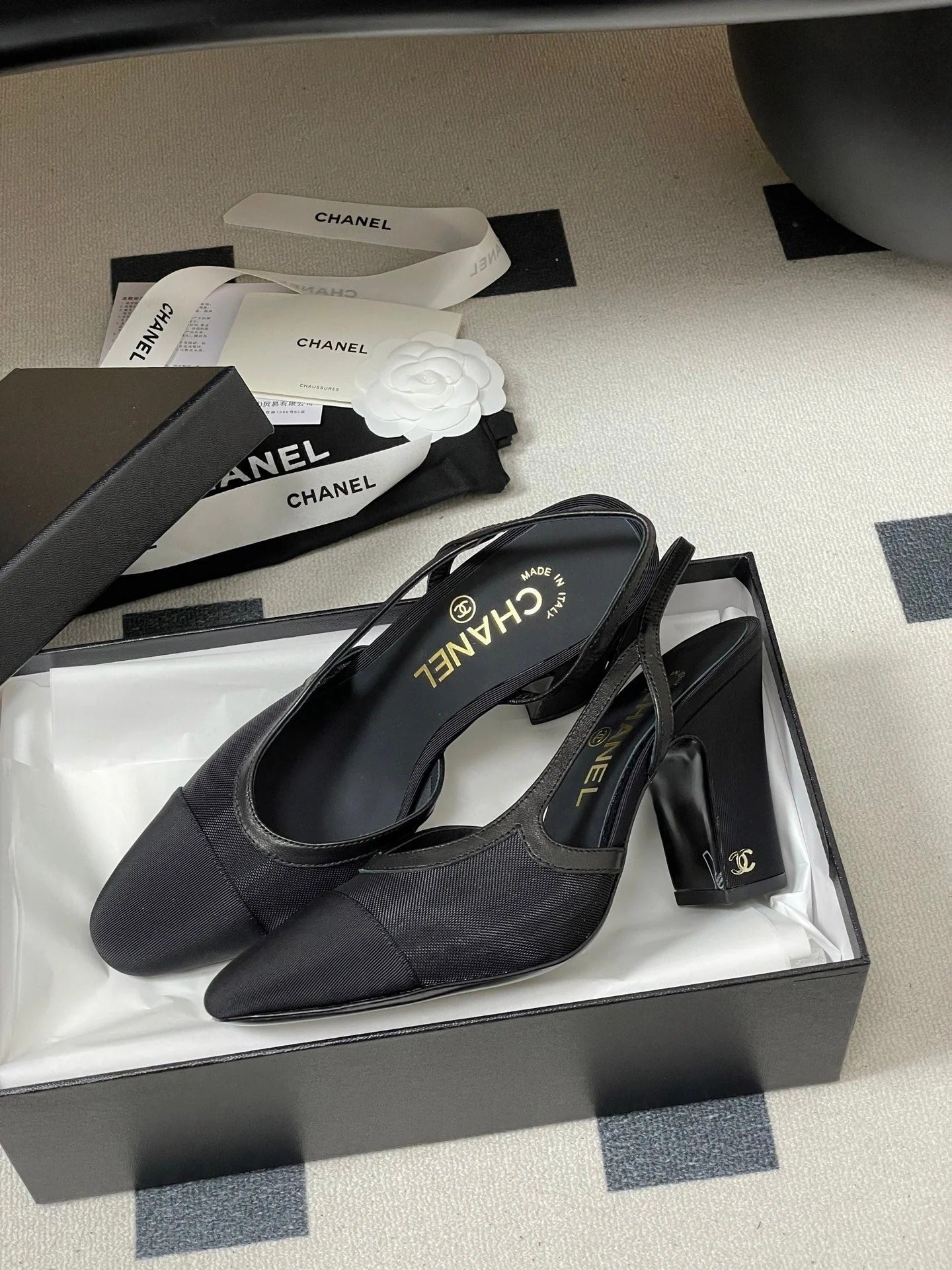 CC 26s Slingback 95 Black Mesh Fabric Sheepskin 649442