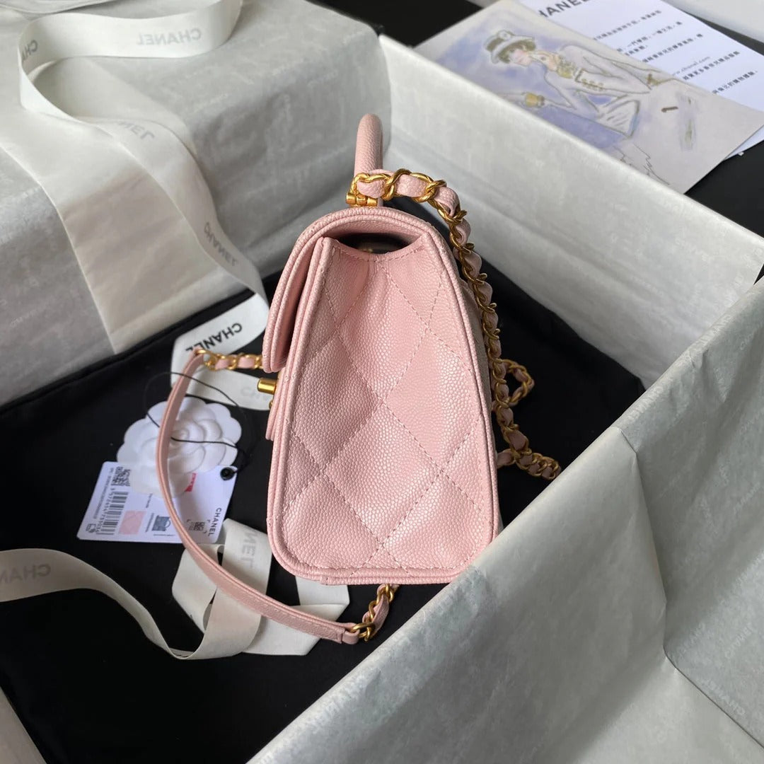 CC  25S FLAP BAG 18 CM IN LIGHT PINK GRAINED LAMBSKIN WITH TOP HANDLE