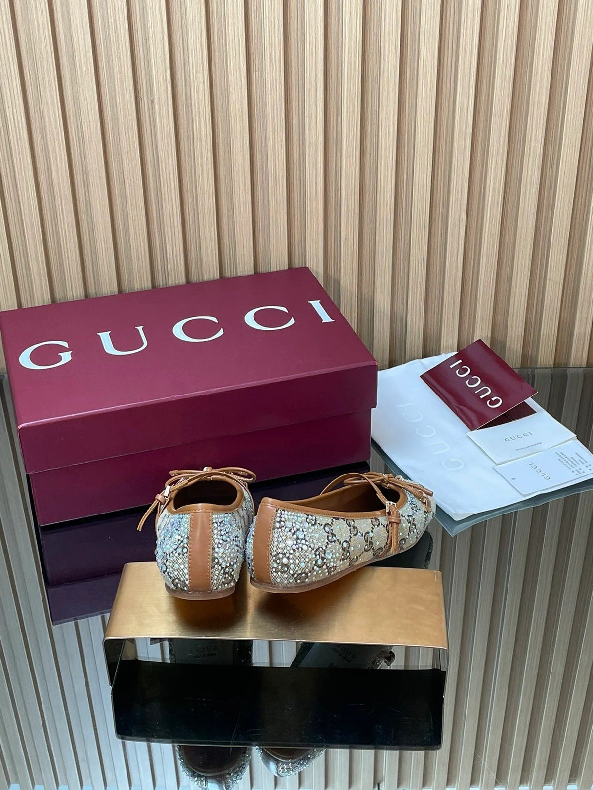Gucci 2026 Crystal Rhinestone Ballet Flat Beige Brown Canvas Leather 562909