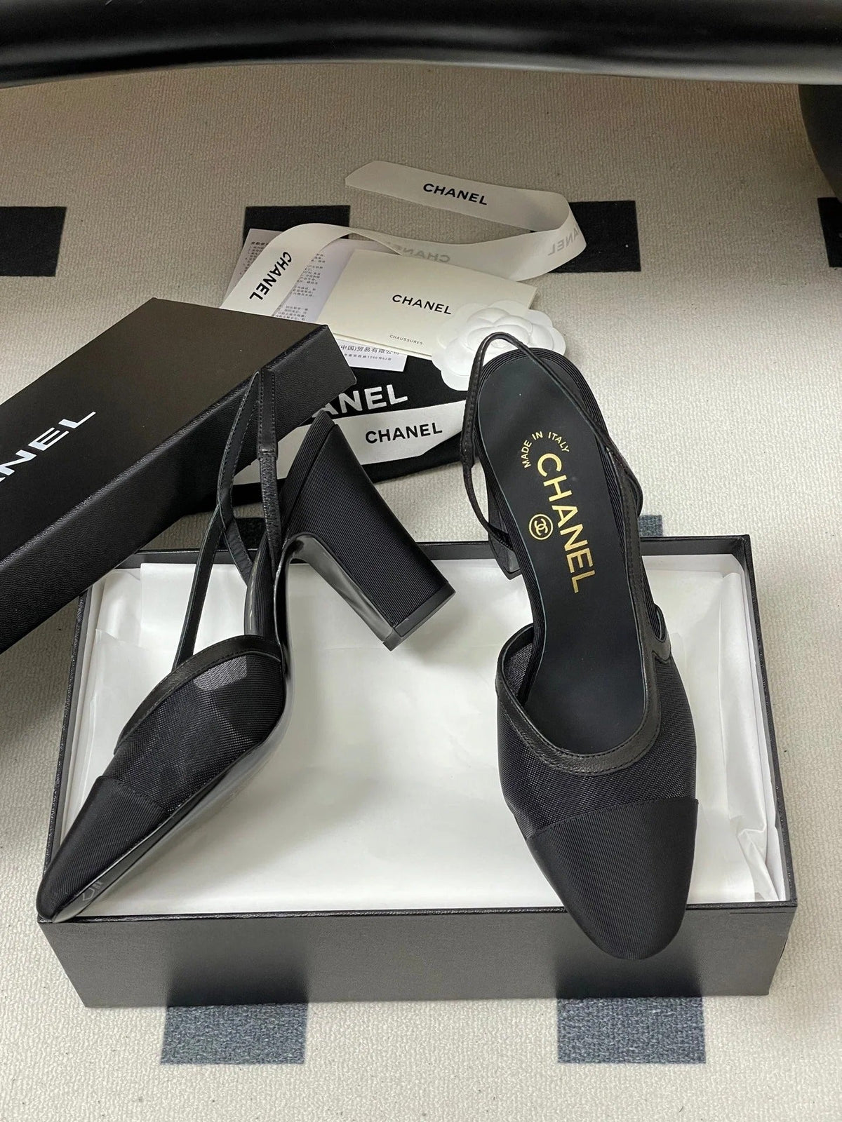 CC 26s Slingback 95 Black Mesh Fabric Sheepskin 649442