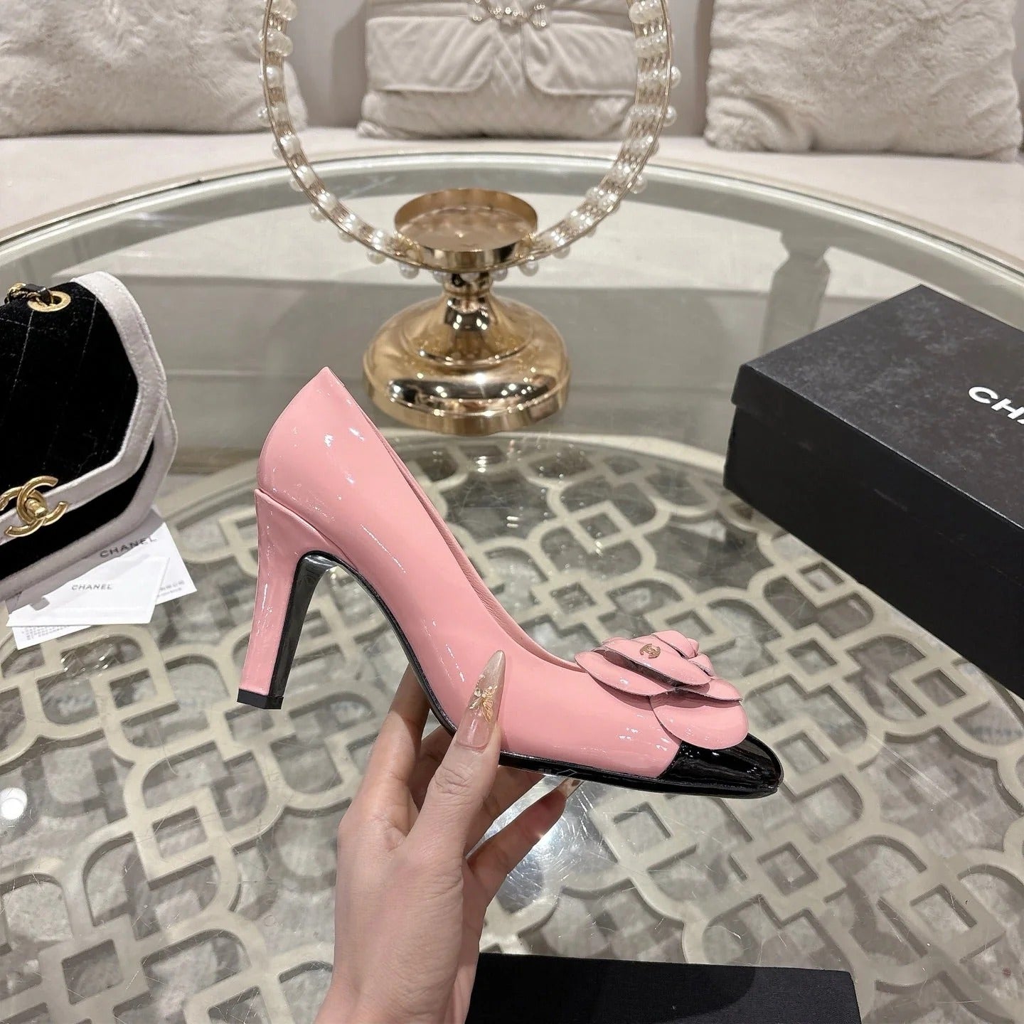CC 26s High Heels Pump 85 Pink Black Patent Leather 627002
