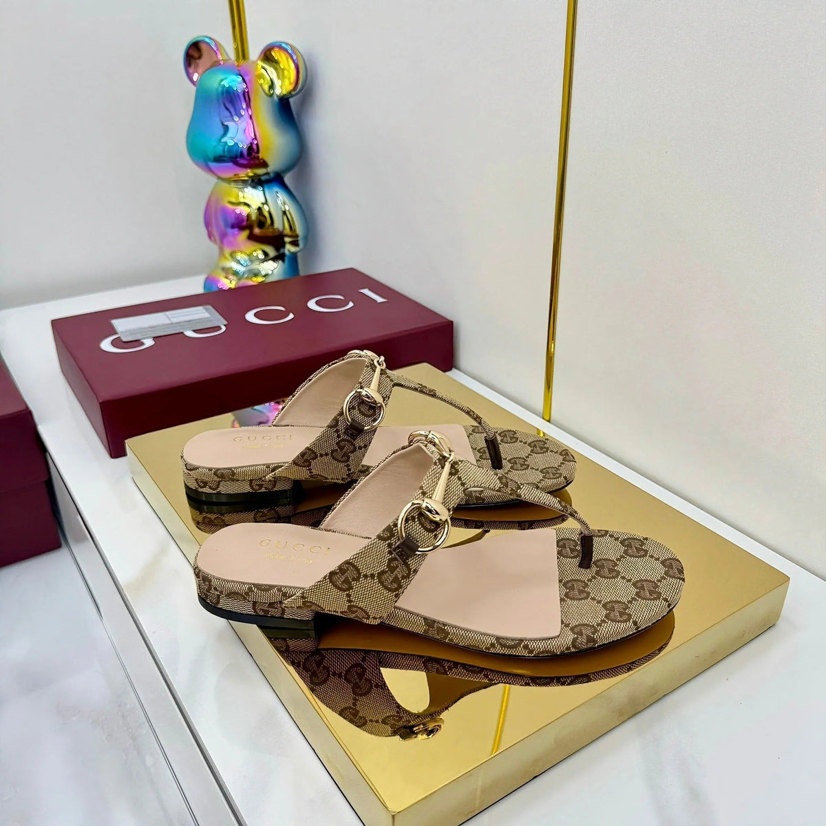 THONG SANDALS IN DARK BEIGE FABRIC PRINTED LOGO WITH GOLD HARDWARE