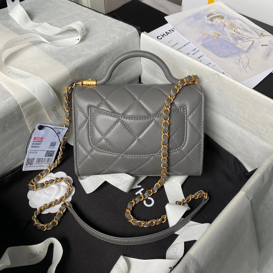 CC  25S FLAP BAG 18 CM IN DARK GREY LAMBSKIN WITH TOP HANDLE