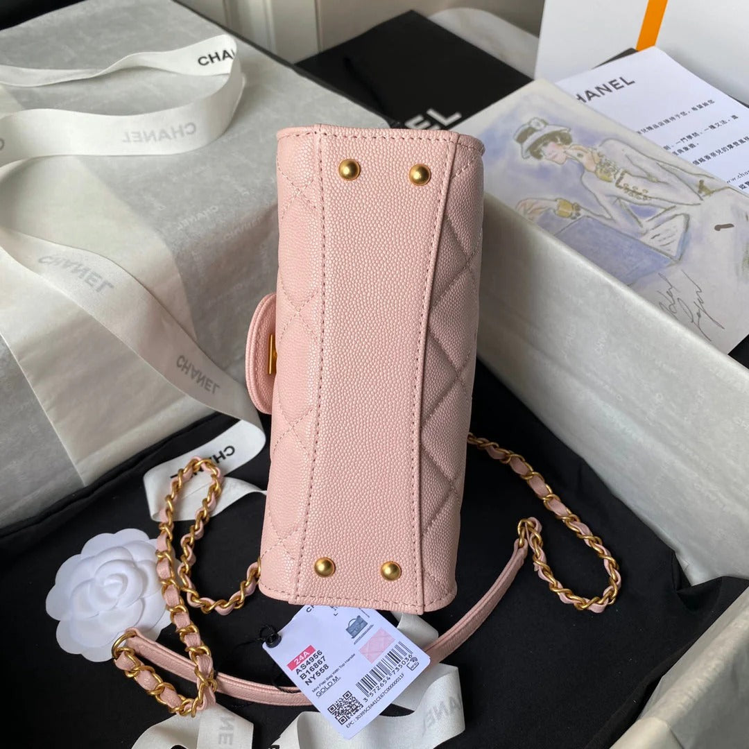 CC  25S FLAP BAG 18 CM IN LIGHT PINK GRAINED LAMBSKIN WITH TOP HANDLE