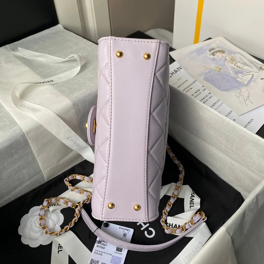CC  25S FLAP BAG 21 CM IN LIGHT PURPLE LAMBSKIN WITH TOP HANDLE